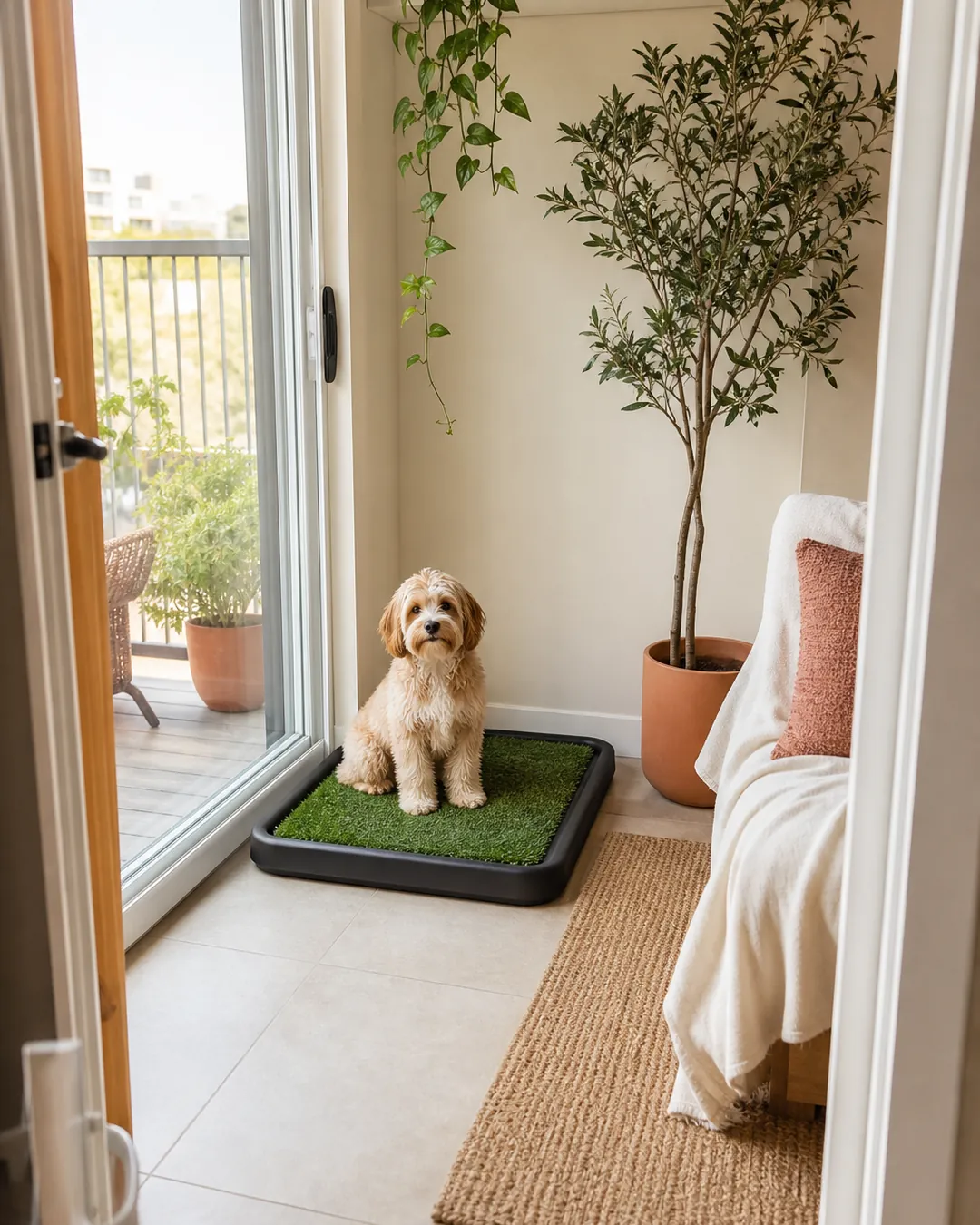 Dog potty tray standing on tile flooring beside a balcony door