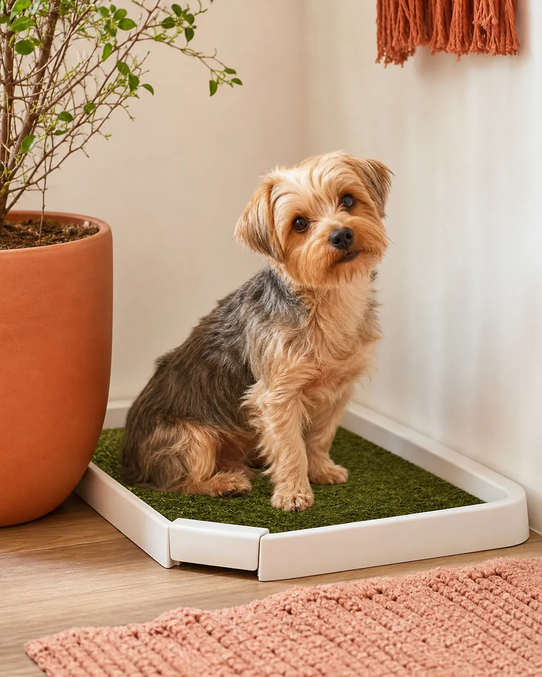 Potty tray fitted into the corner where two walls meet on hard flooring