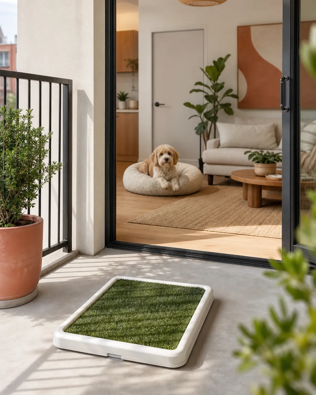 Potty tray on a balcony with a dog bed visible far inside the room