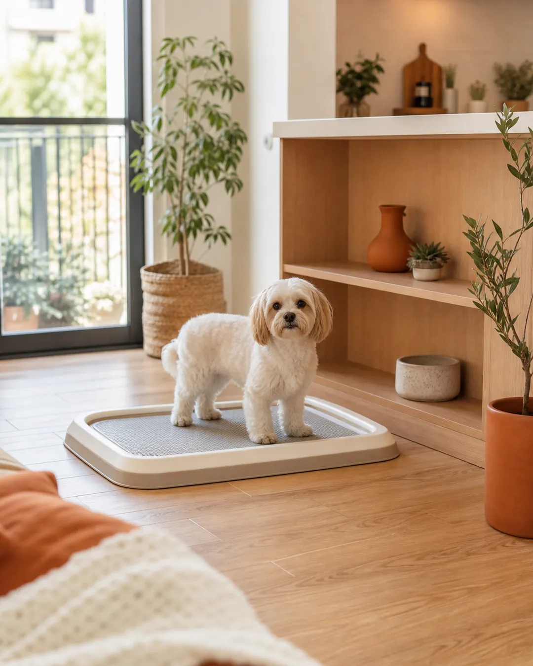 Small dog standing on a potty tray with room to turn on all sides