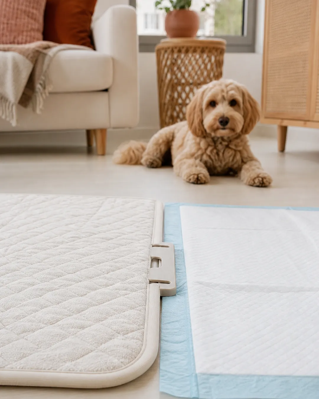 Washable potty pad and a disposable one laid out side by side
