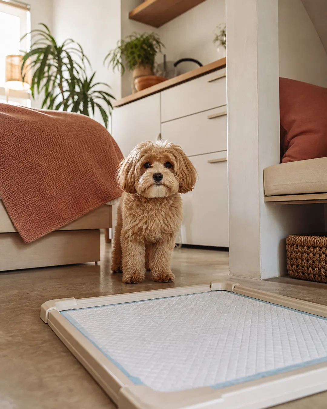 Plastic frame holder clamping the edges of a potty pad to the floor