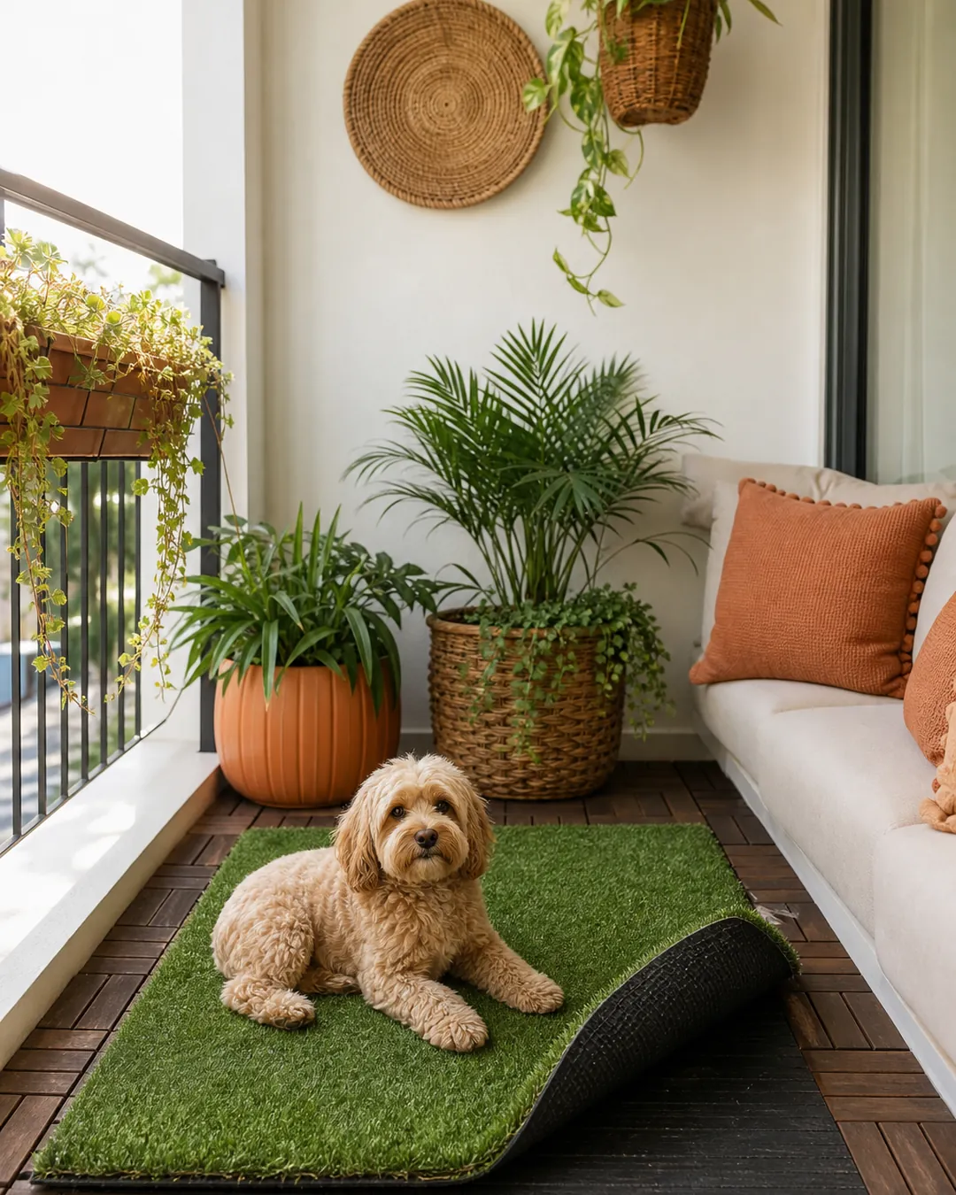 Square of artificial turf lifted at one corner on a balcony floor