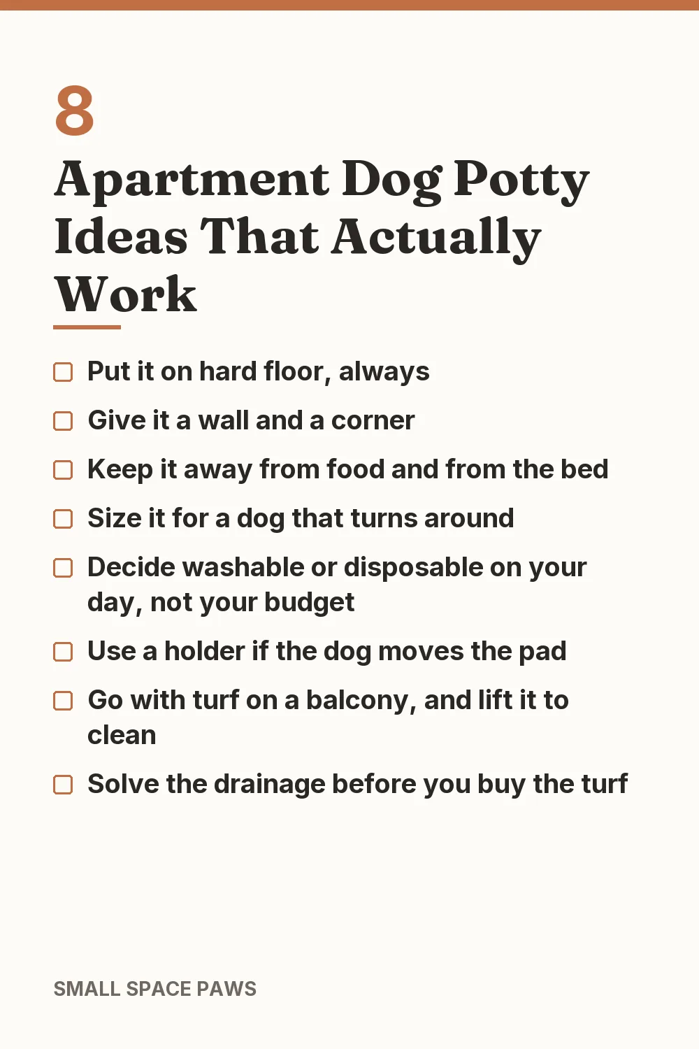 Checklist of every idea in 8 Apartment Dog Potty Ideas That Actually Work