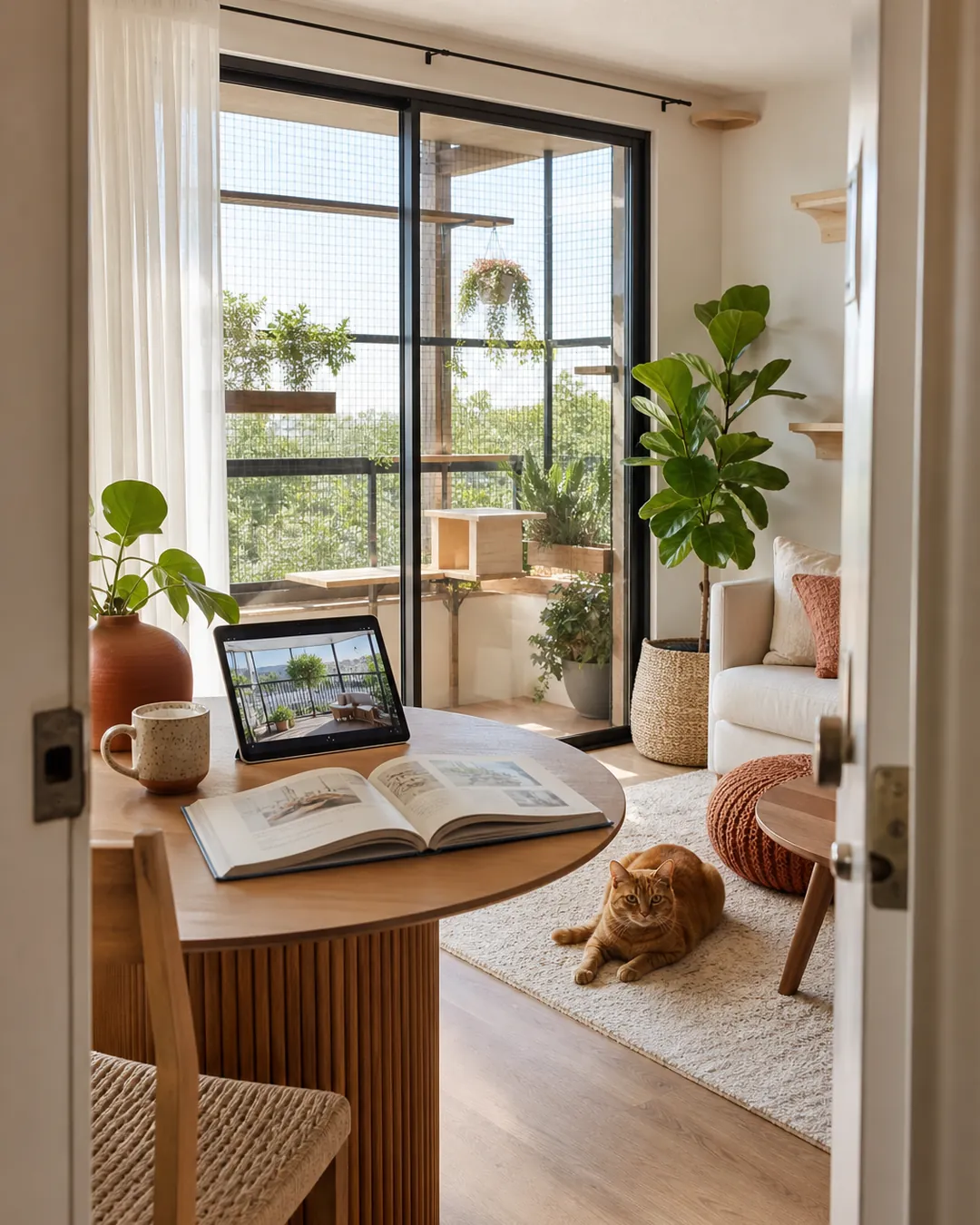 Building rules document open on a table beside a tablet showing a balcony
