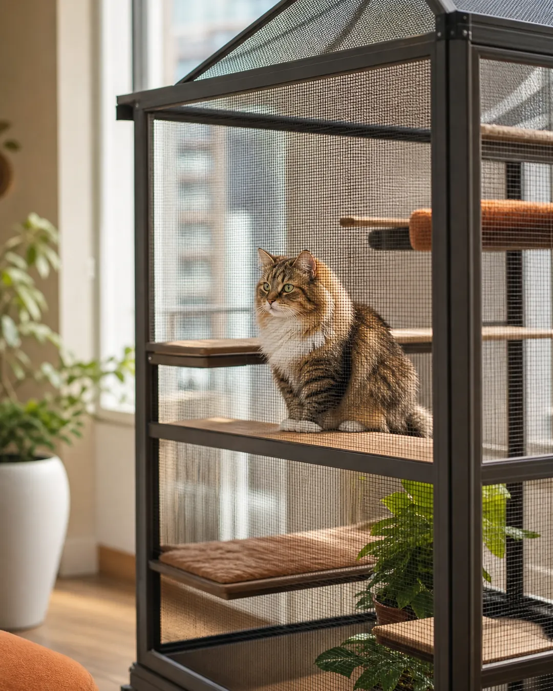 Freestanding mesh cat enclosure standing clear of the balcony walls