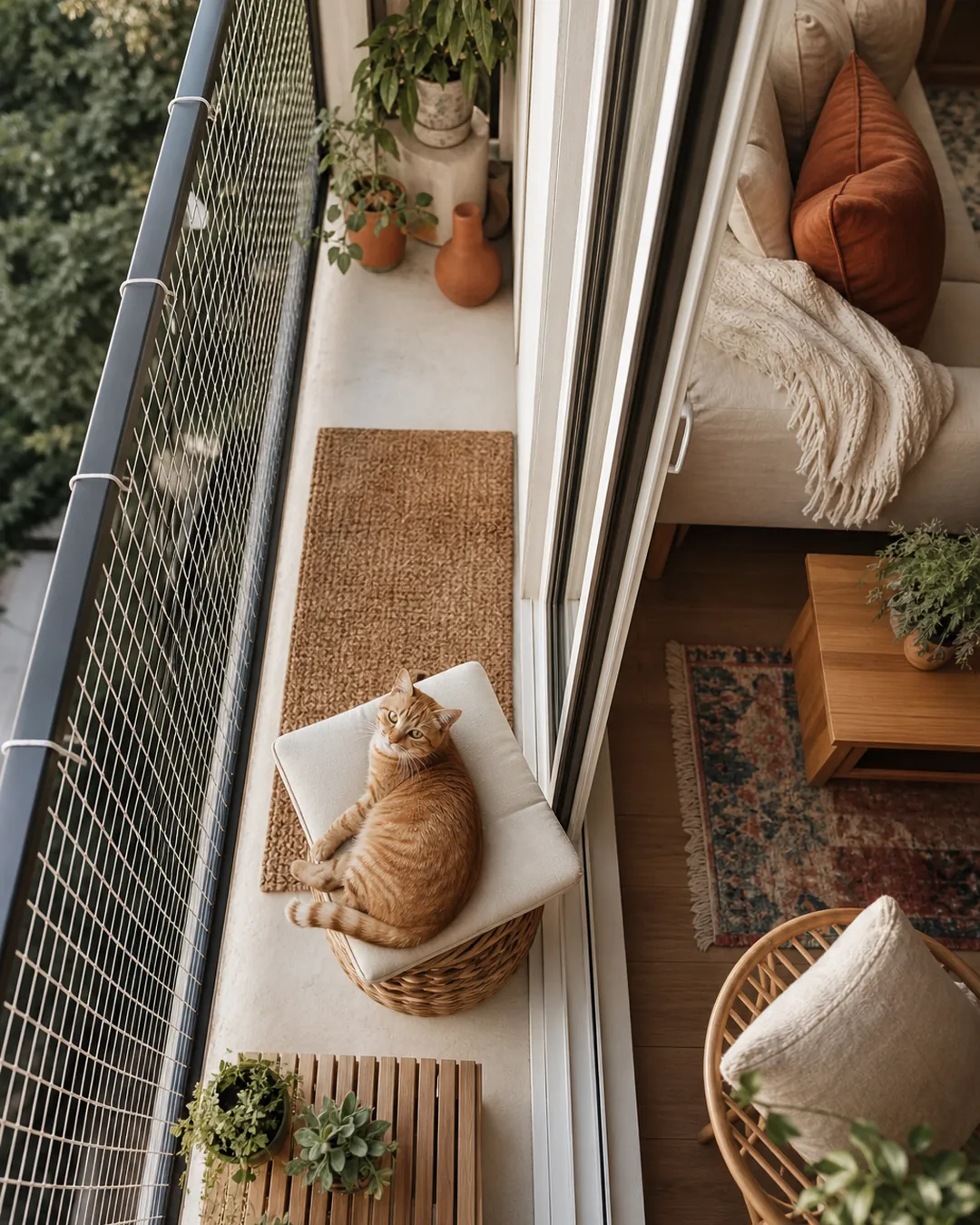 Mesh panels cable-tied directly onto an existing metal balcony railing
