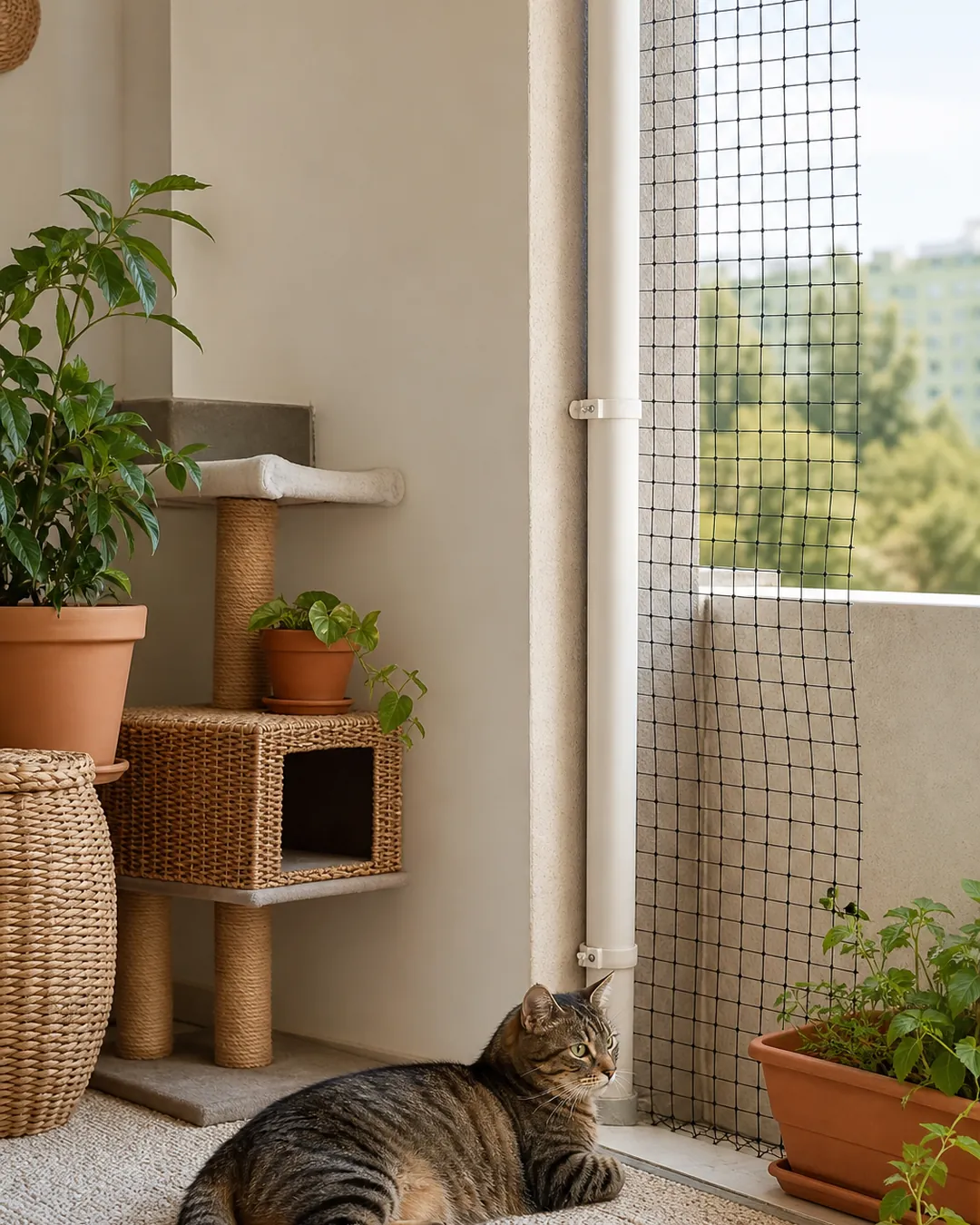 Cat sitting beside the corner where mesh panels meet the balcony wall