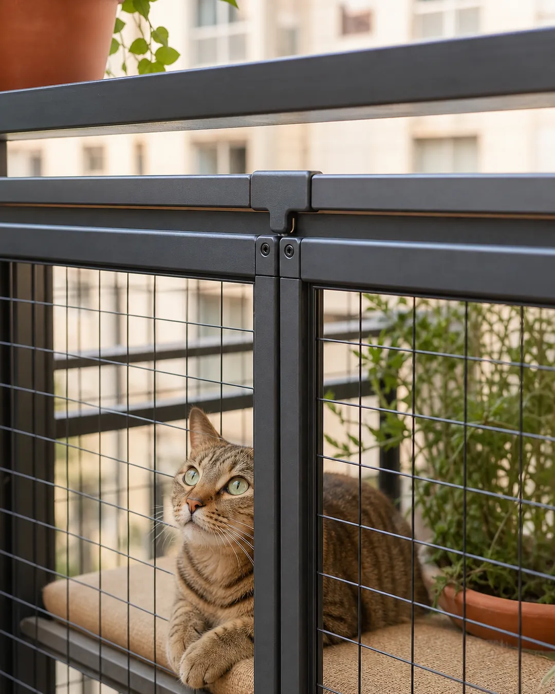 Cat enclosure sitting entirely below the top rail of a balcony