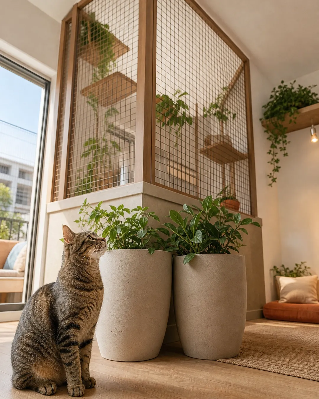 Two heavy planters standing against the base of a freestanding enclosure