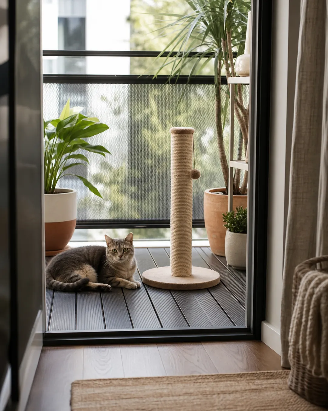 Freestanding sisal scratching post standing upright on a balcony deck