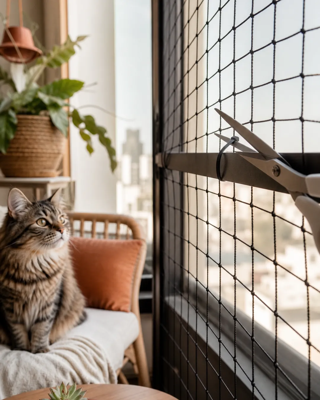 Scissors cutting a cable tie that holds mesh onto a balcony railing
