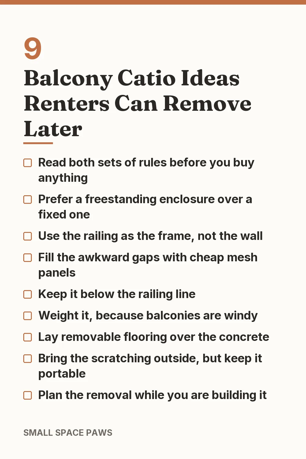 Checklist of every idea in 9 Balcony Catio Ideas Renters Can Remove Later