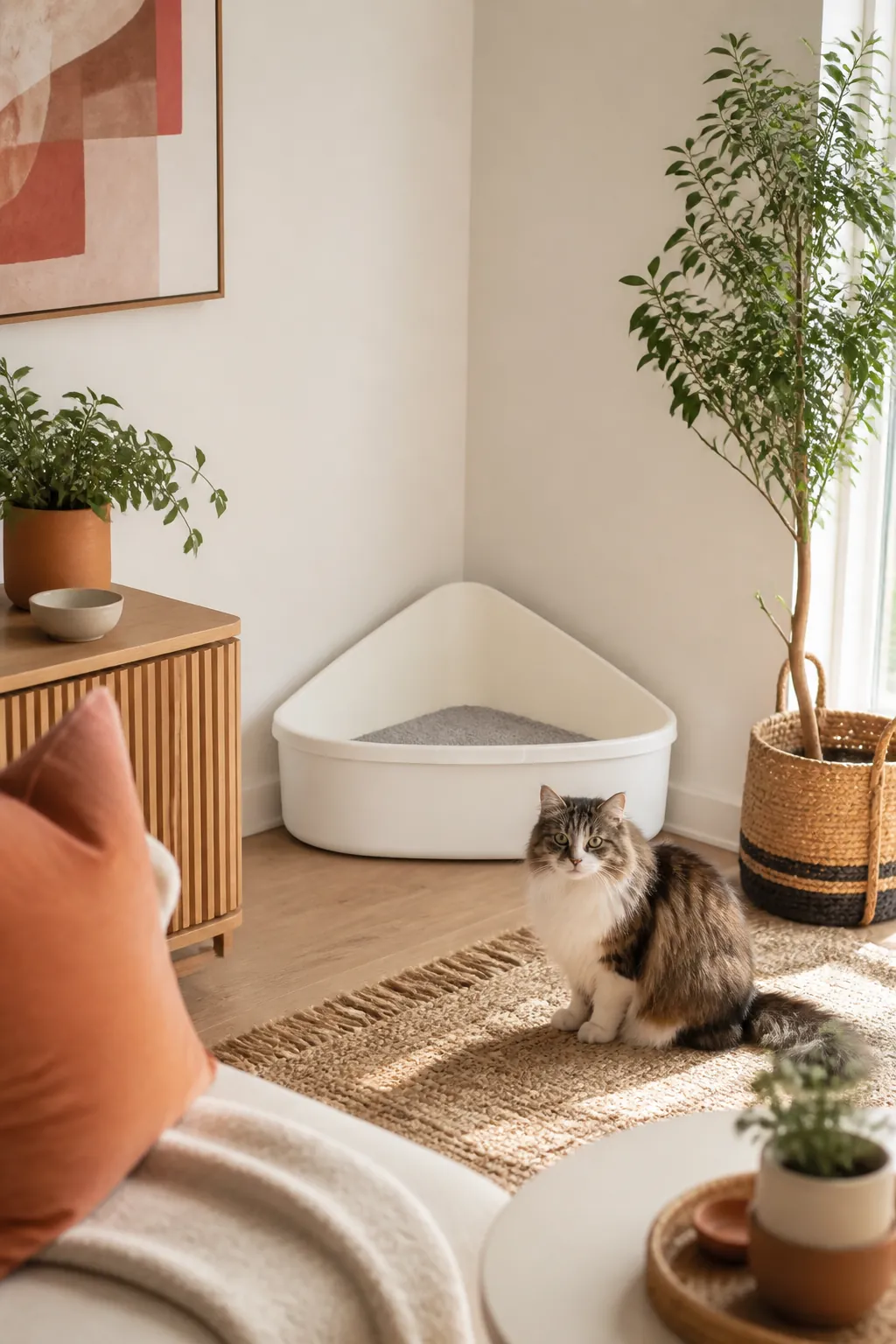 Triangular high-back corner litter box fitted into the angle where two walls meet
