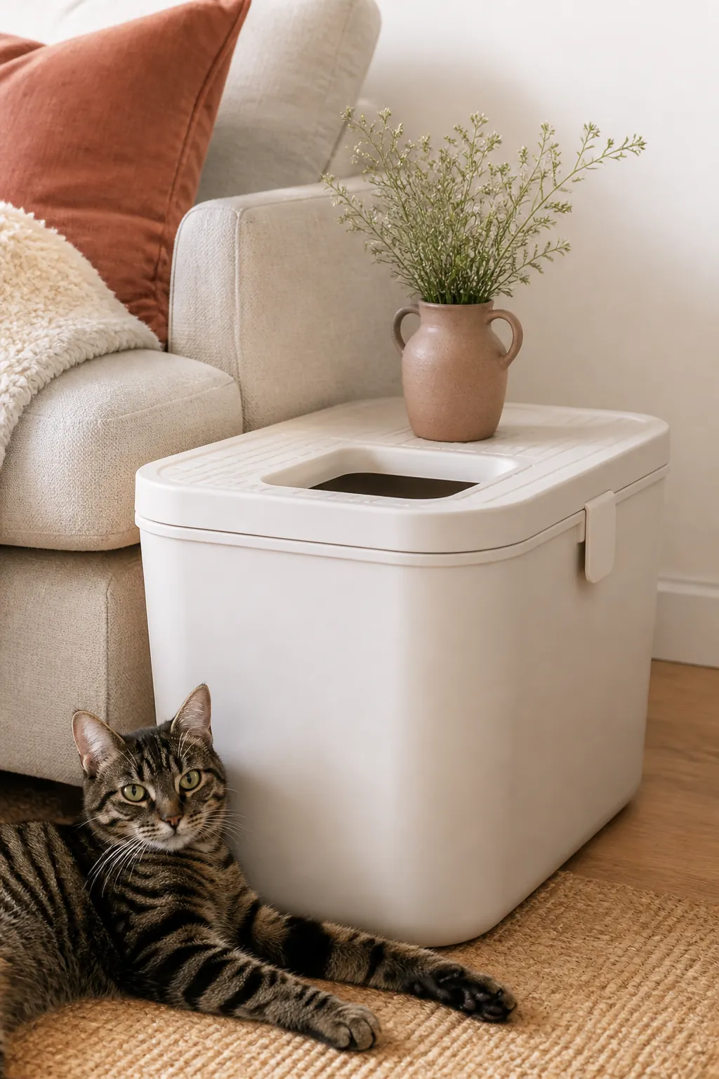 Top-entry litter box with a flat lid holding a small vase beside a sofa