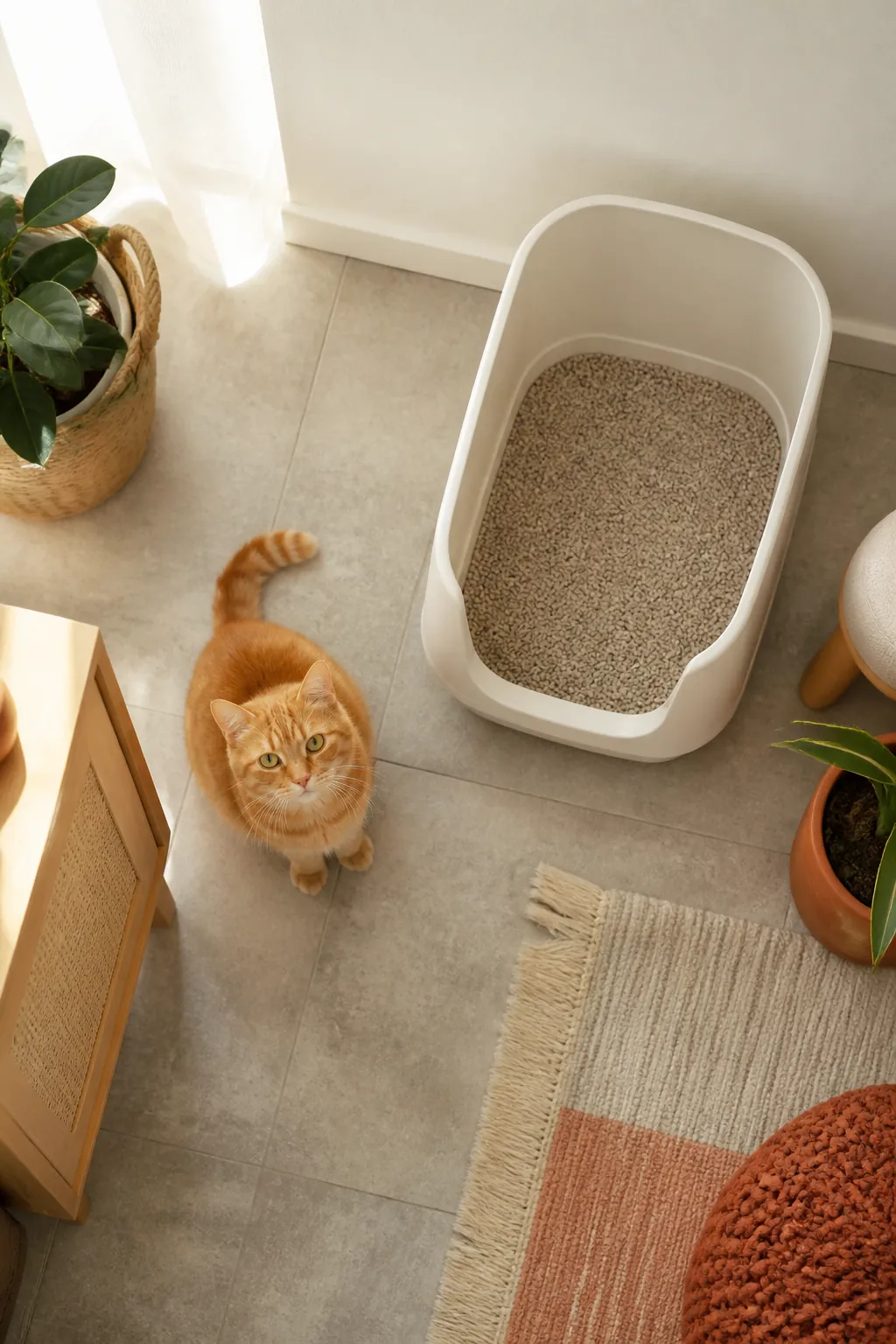 High-sided open litter box with a low front cutout and visible litter standing on a hard floor