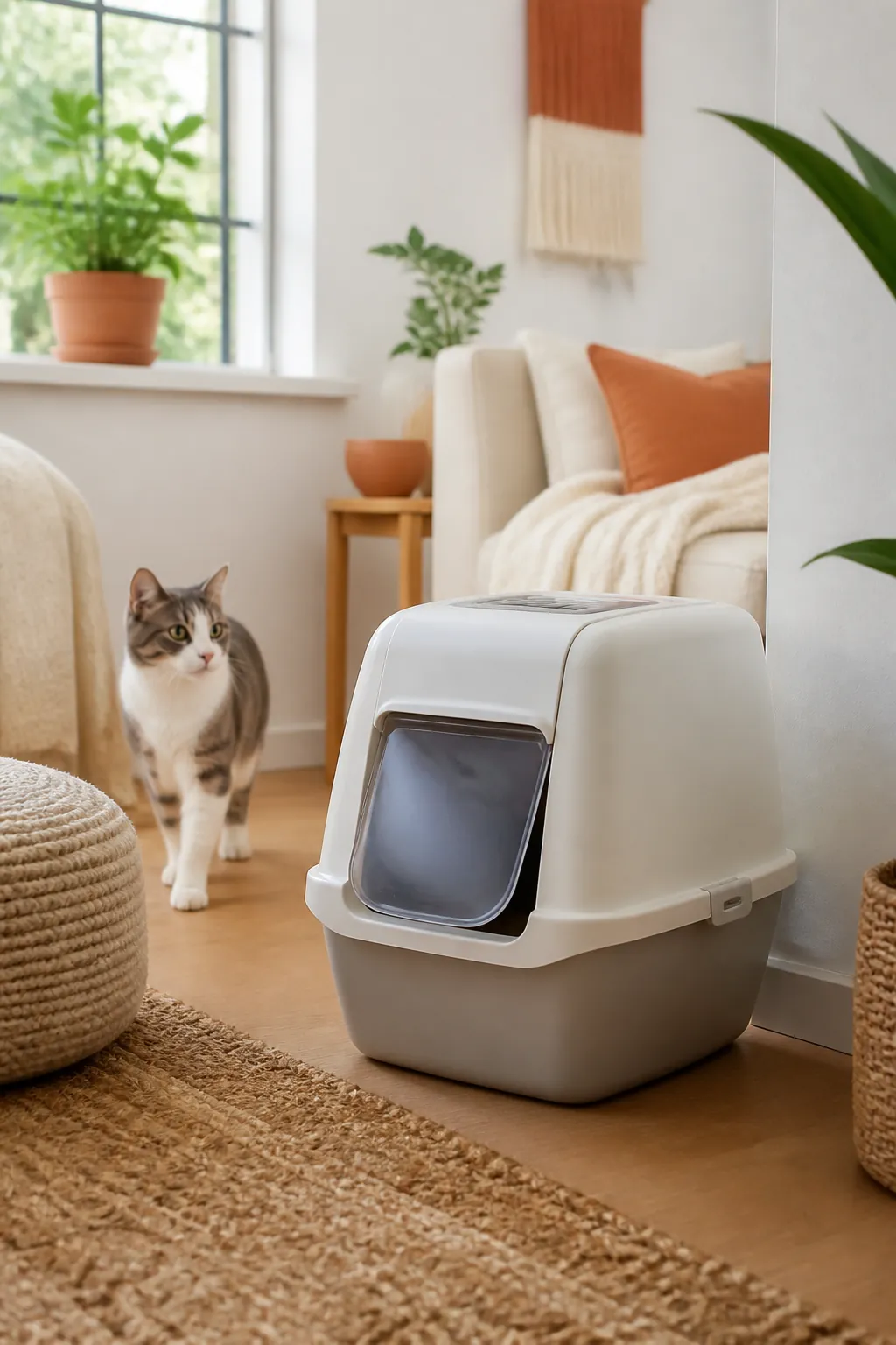 Hooded litter box with a swinging front door and a carbon filter slot in the lid