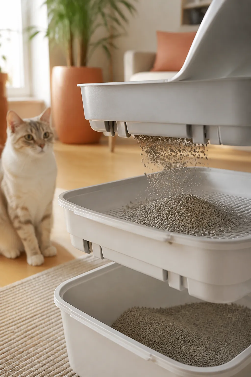 Sifting litter box with its top tray lifted, litter falling through a screen into the tray below