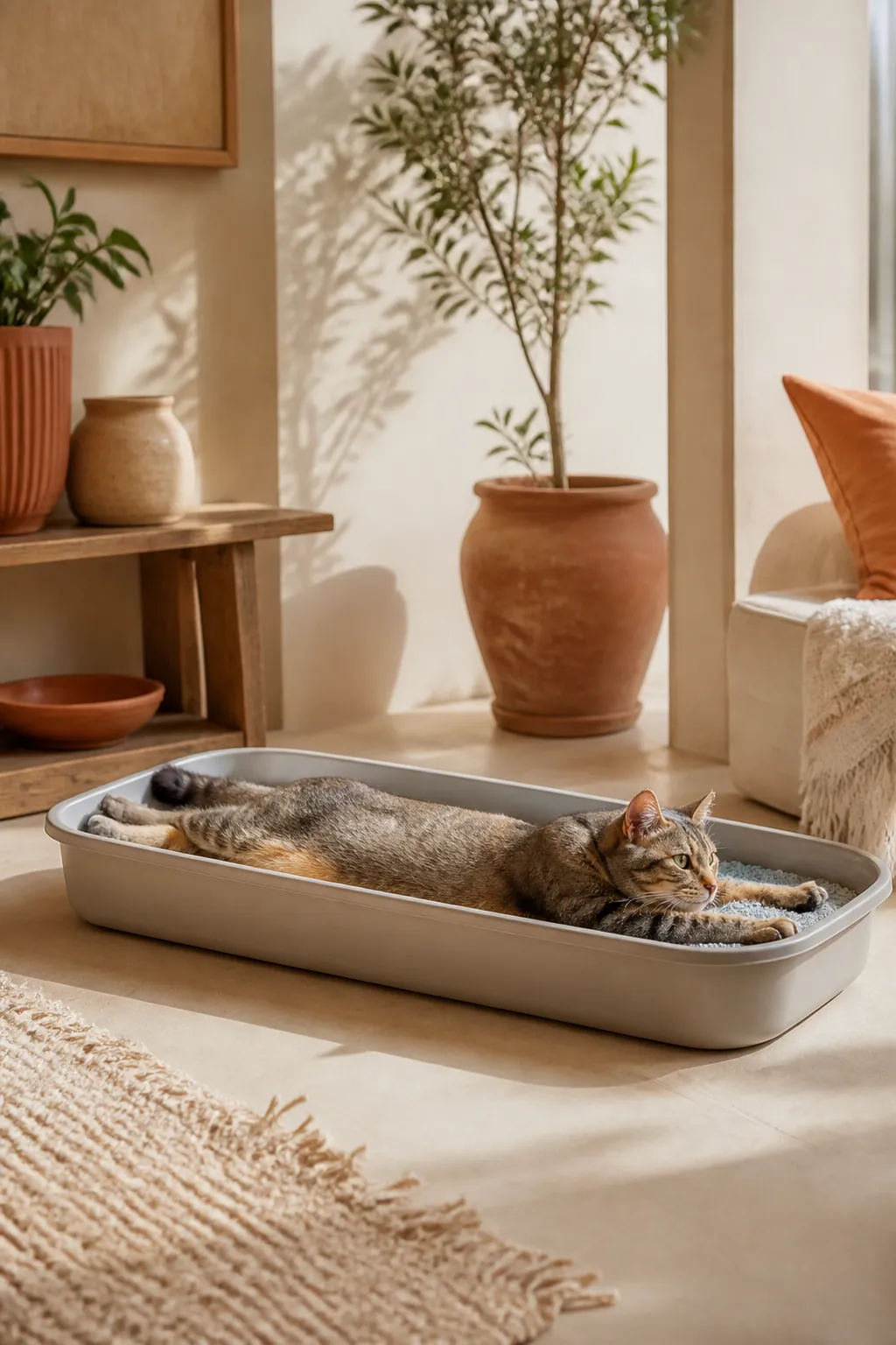 Extra-large shallow-walled litter pan with a cat lying fully stretched out inside it