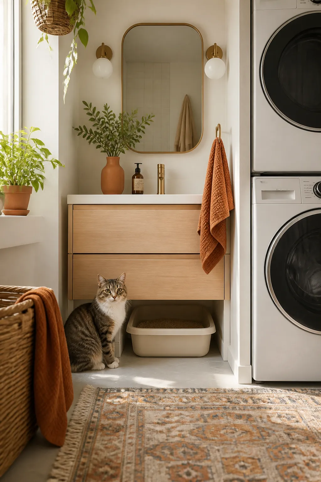 Small compact litter pan tucked under a bathroom sink beside a stacked washer-dryer