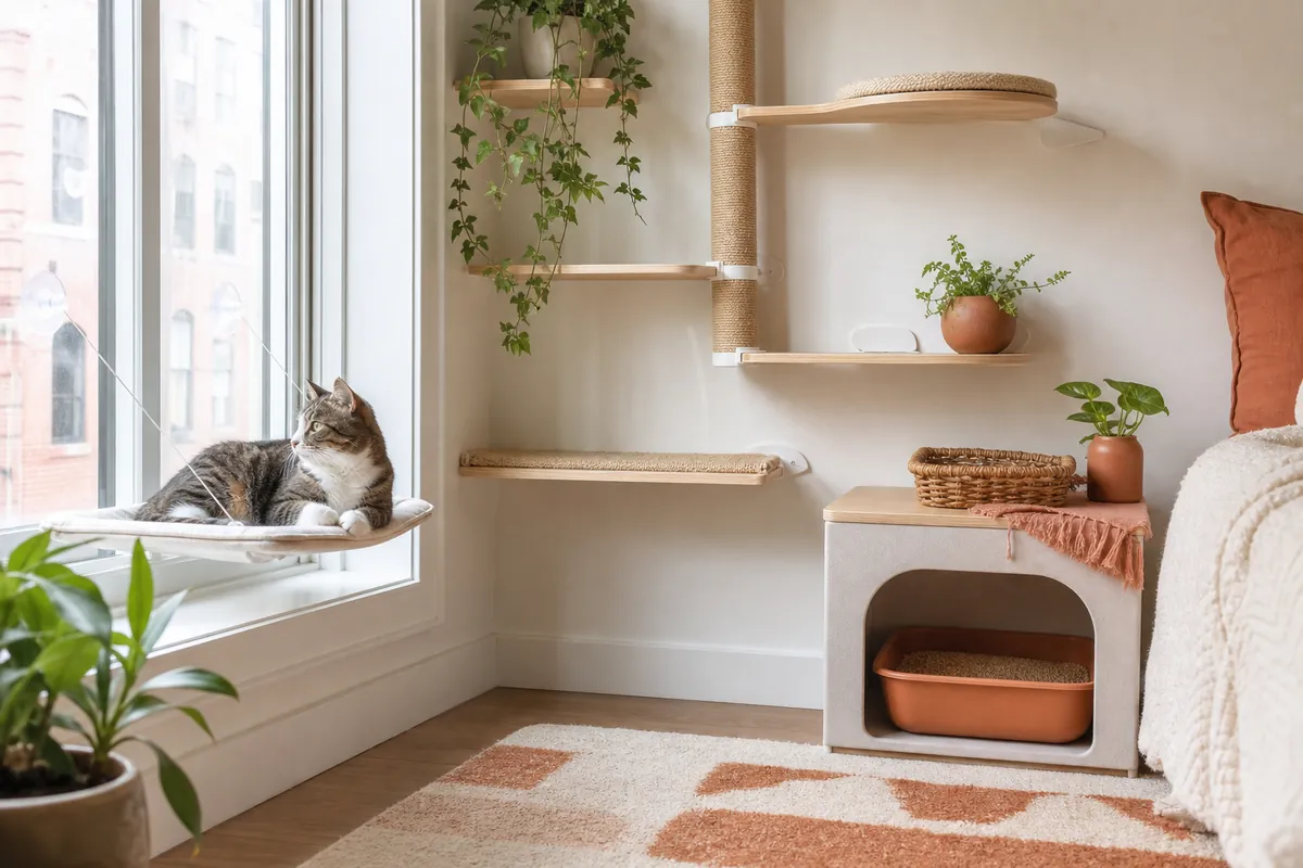 A floor-to-ceiling tension cat pole in a rental apartment, braced between floor and ceiling with no wall fixings.
