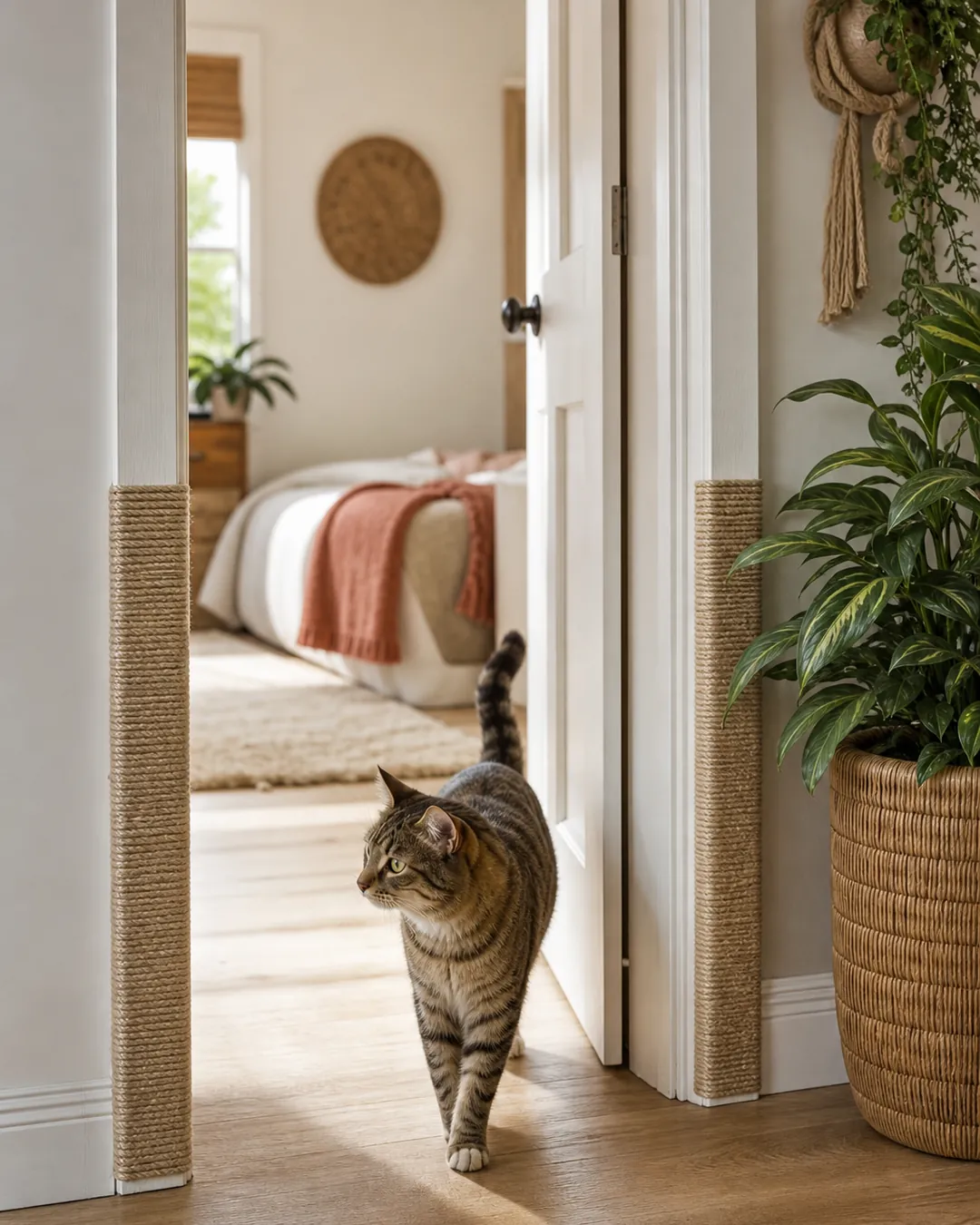 Door frame wrapped in sisal cord at cat height, rest of the frame painted