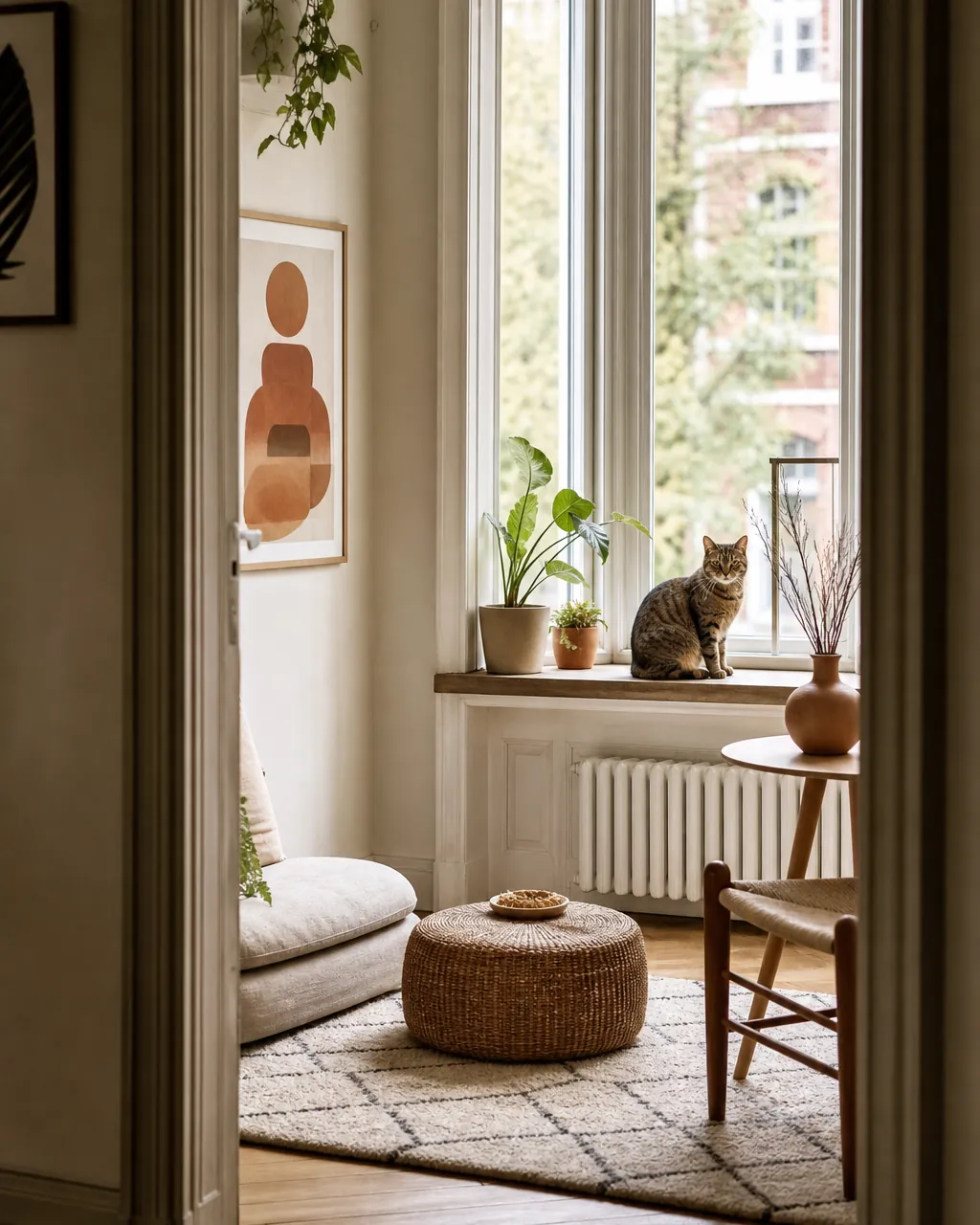 Fitted removable mat covering a painted windowsill with a cat sitting on it