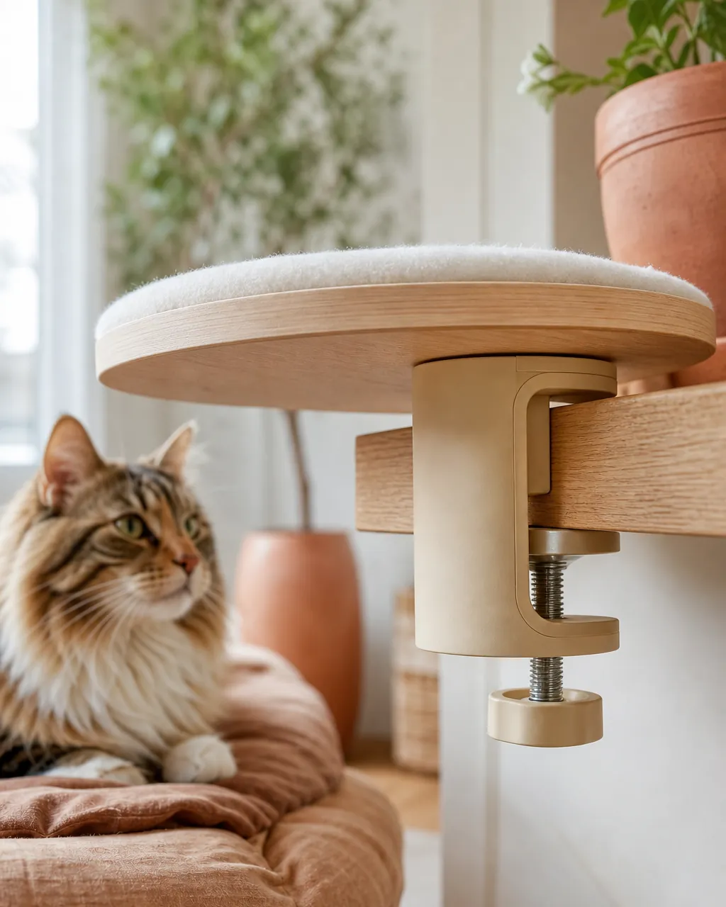 Clamp fixing a cat platform to a shelf edge with no screws in the wall