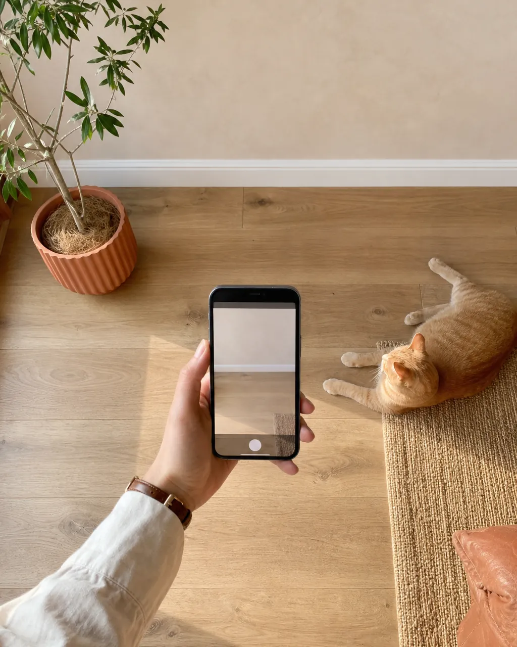 Phone held up photographing a bare wall and baseboard in an empty room