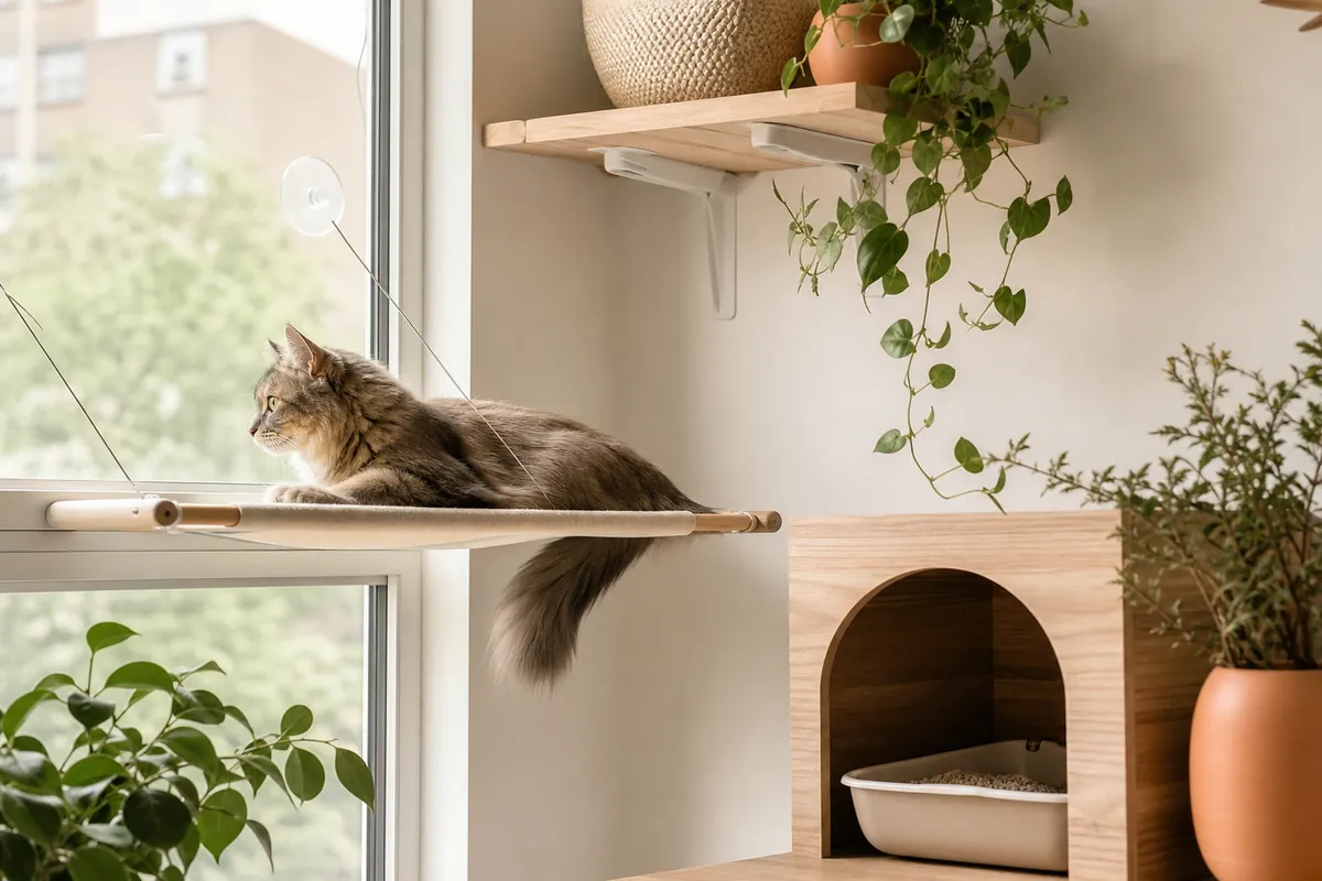 A close-up of a suction cup window perch fitted to clean glass, with a cat resting on the cushion.