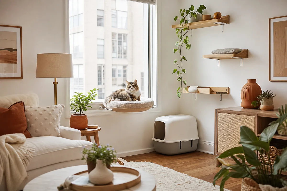 A wider view of a rented room set up for a cat entirely with freestanding and clamped pieces.