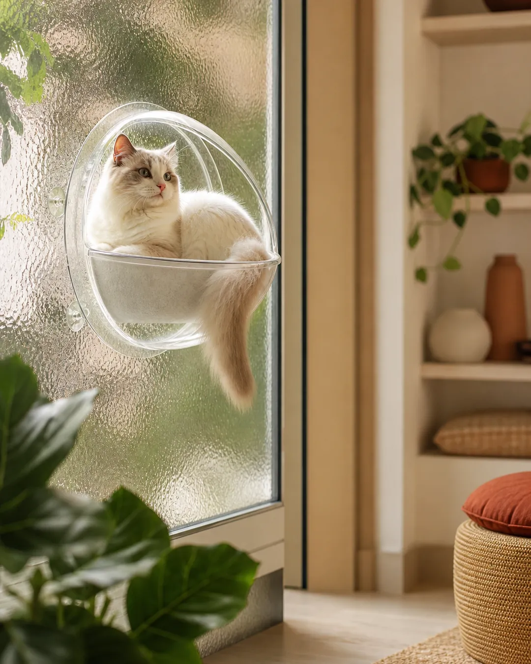 Cat resting inside a clear bubble window pod fixed to textured frosted glass