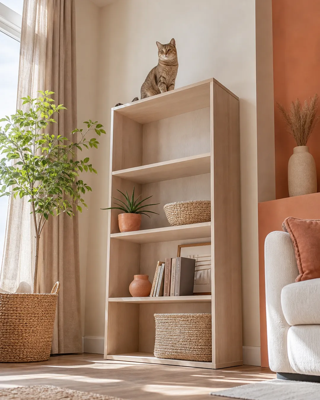 Bookcase with its top two shelves cleared and a cat sitting on the top