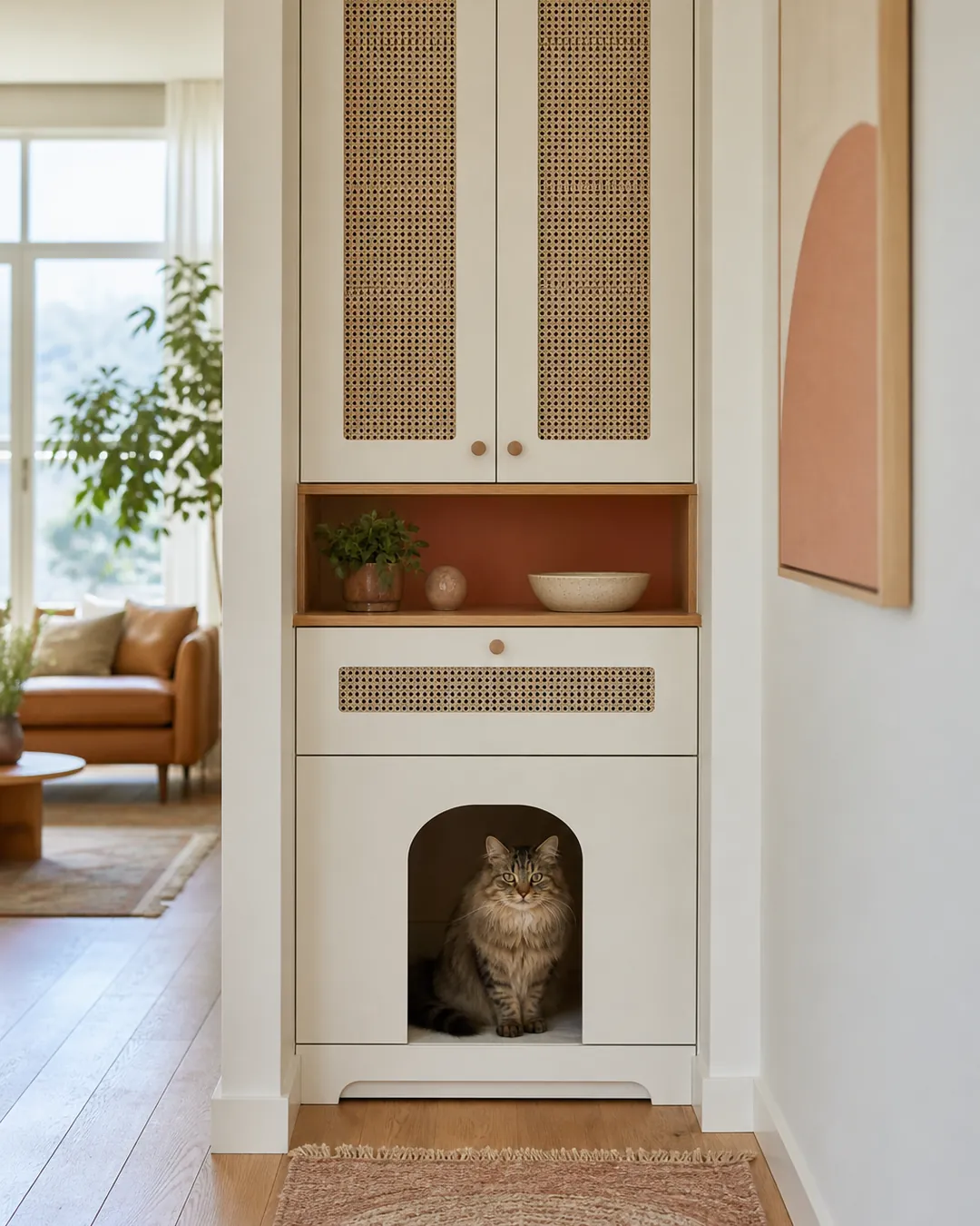 Slim litter enclosure cabinet fitted into a narrow hallway alcove