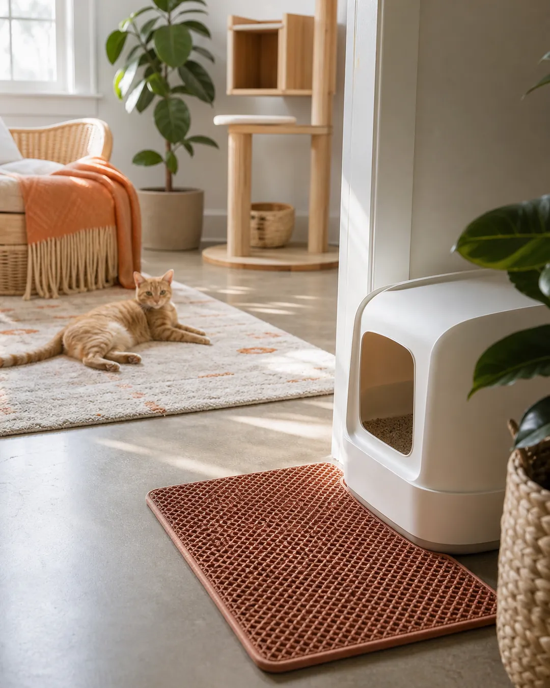 Litter mat lying flush against an enclosure exit on a hard wooden floor