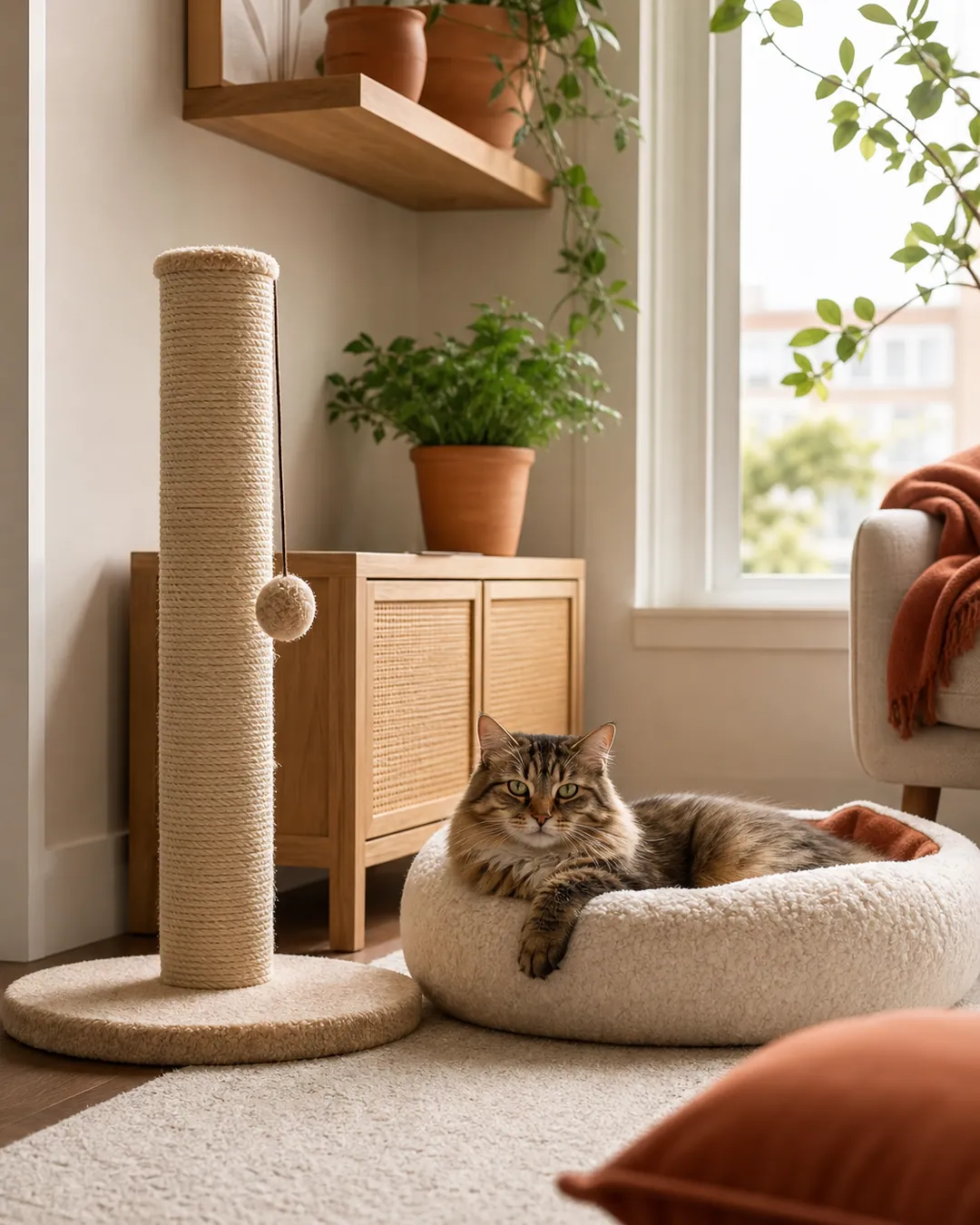 Tall sisal scratching post standing beside a cat bed on a carpeted floor