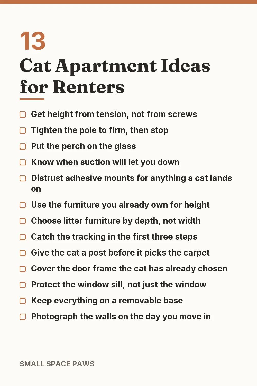 Checklist of every idea in 13 Cat Apartment Ideas for Renters