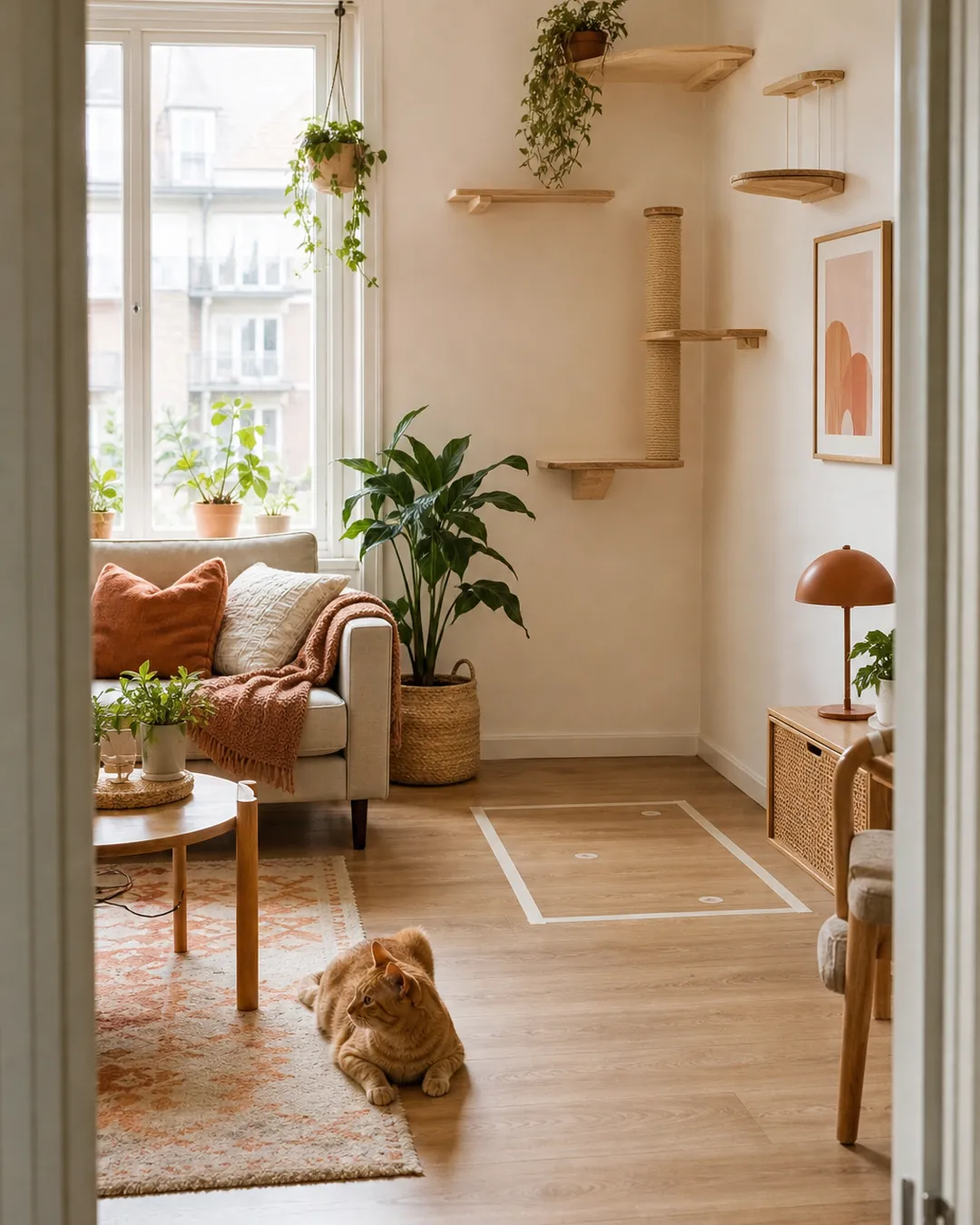 Empty patch of floor with tape marking where a cat tower used to stand