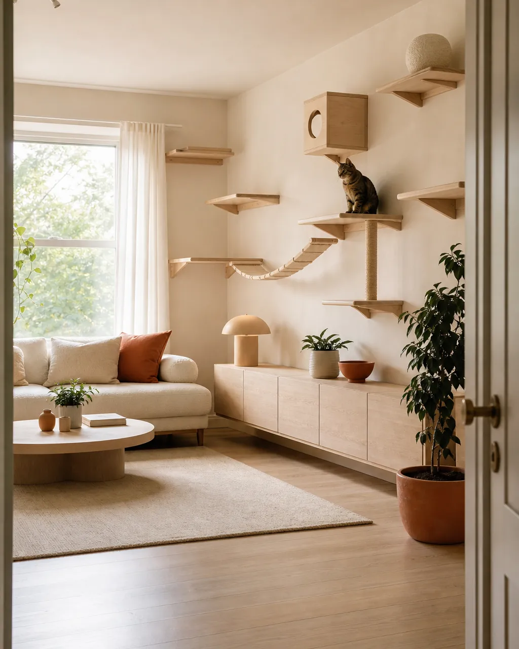 Pale wood cat shelves against a wall matching the sideboard tone below