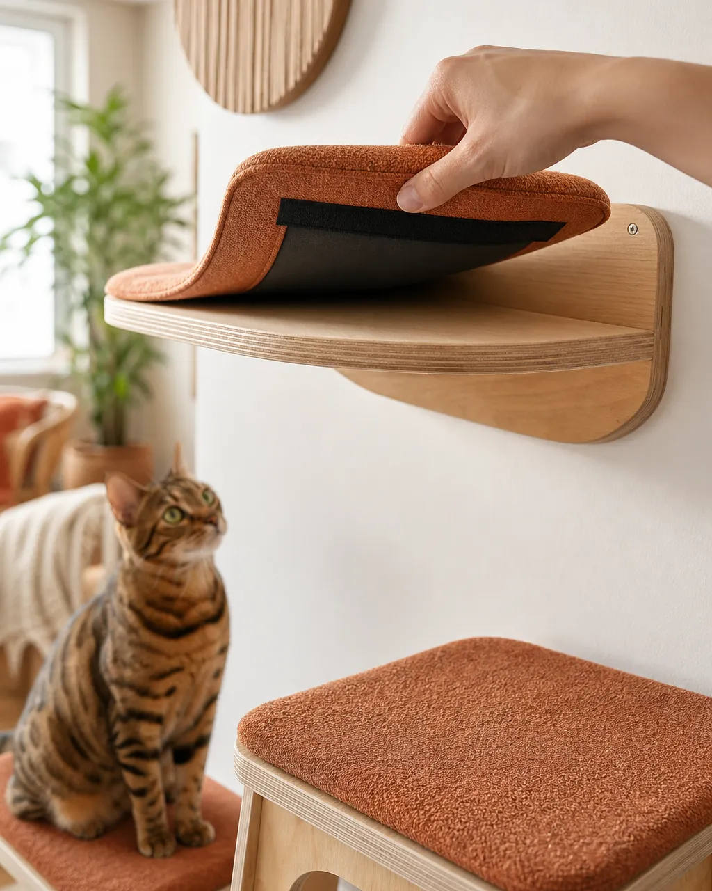 Hand lifting a removable pad off a wall shelf with a step stool below