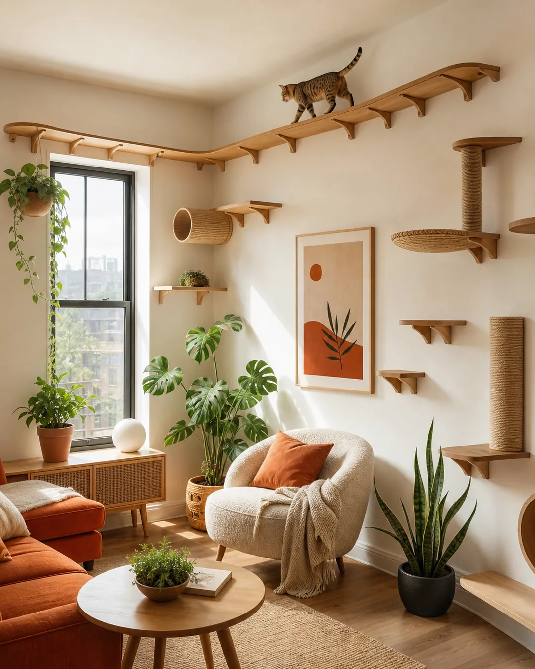 Cat shelves forming a loop across two walls with a cat crossing the top