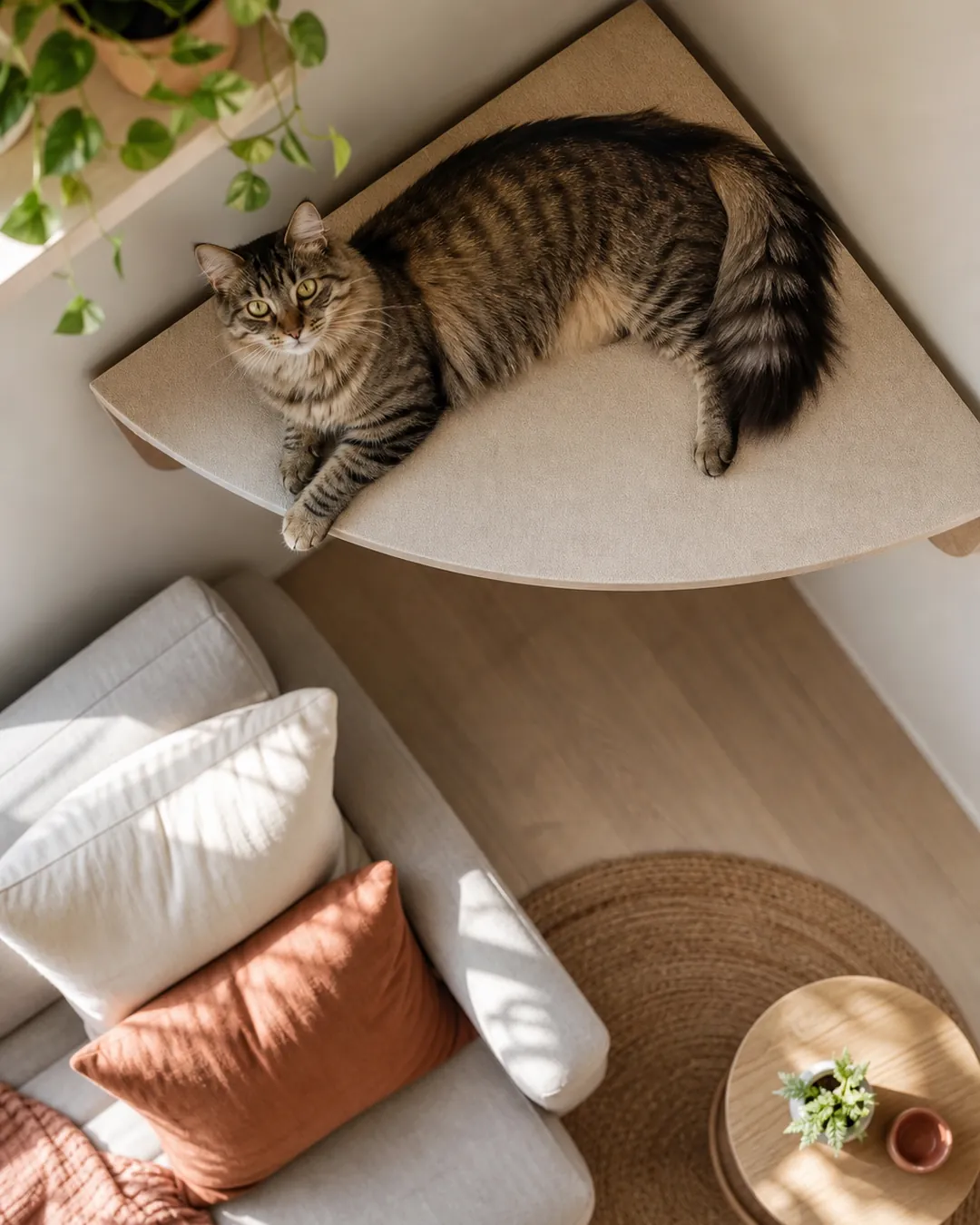 Wide cat platform fitted into the inside angle where two walls meet