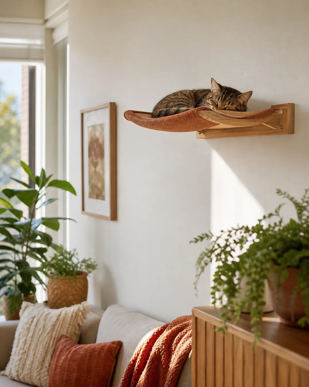 Fabric cat hammock mounted high on a wall with a cat asleep inside it