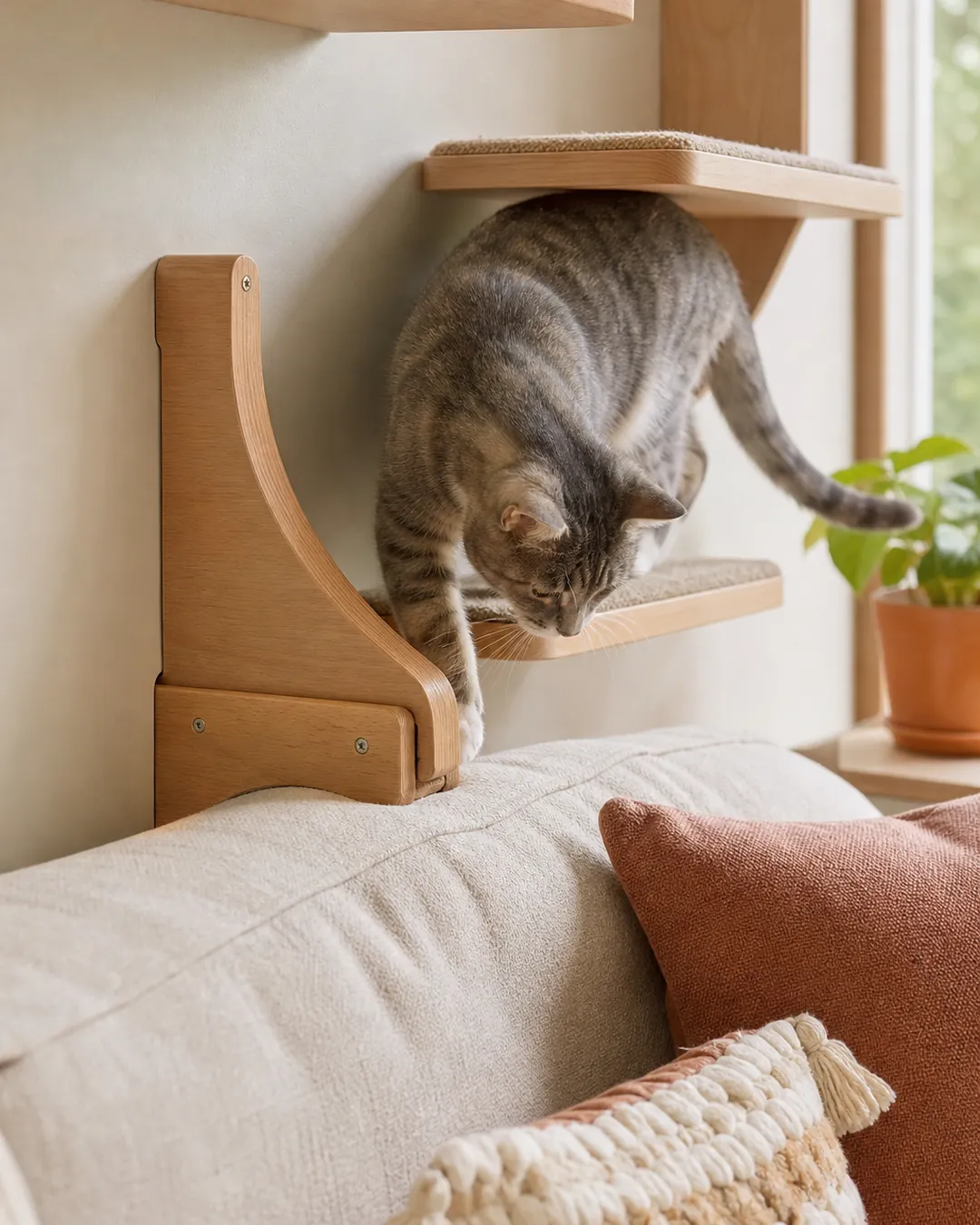 Cat shelves rising directly above a sofa back that serves as the entry step