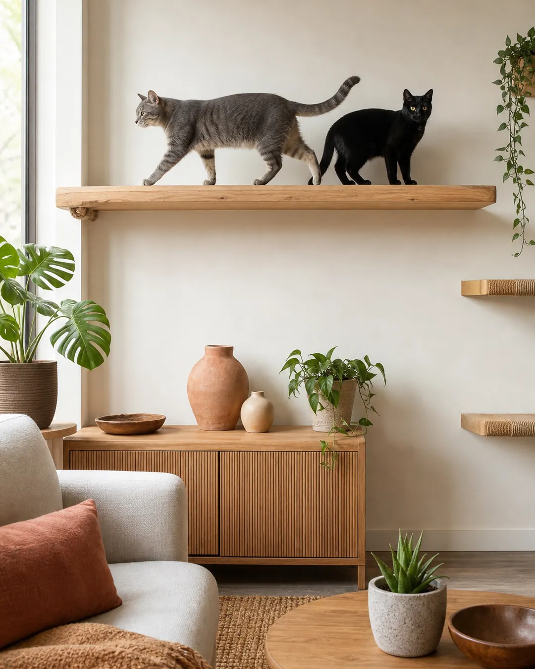 Two cats on a wide wall platform with one stepping past the other