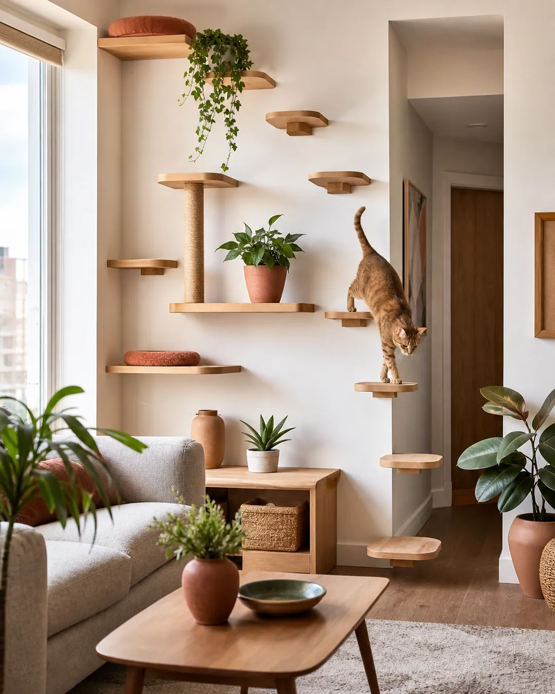 Two separate descending runs of cat shelves reaching the floor apart