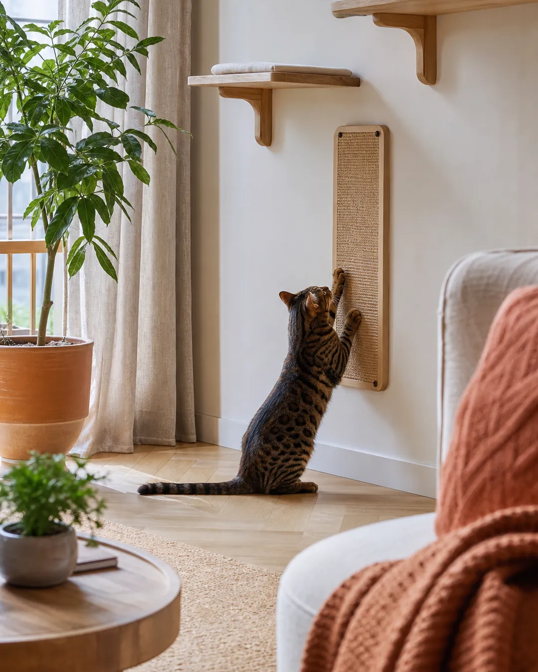 Wall-mounted sisal scratcher fixed at the foot of a climbing route