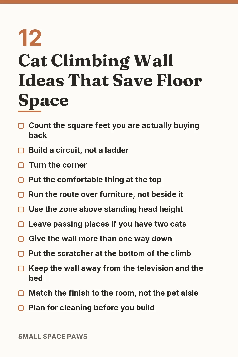 Checklist of every idea in 12 Cat Climbing Wall Ideas That Save Floor Space