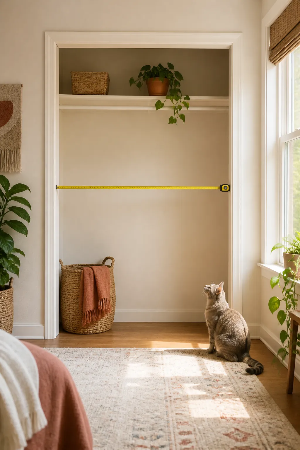 Tape measure extended wall to wall inside an empty closet, measuring width between the door jambs.