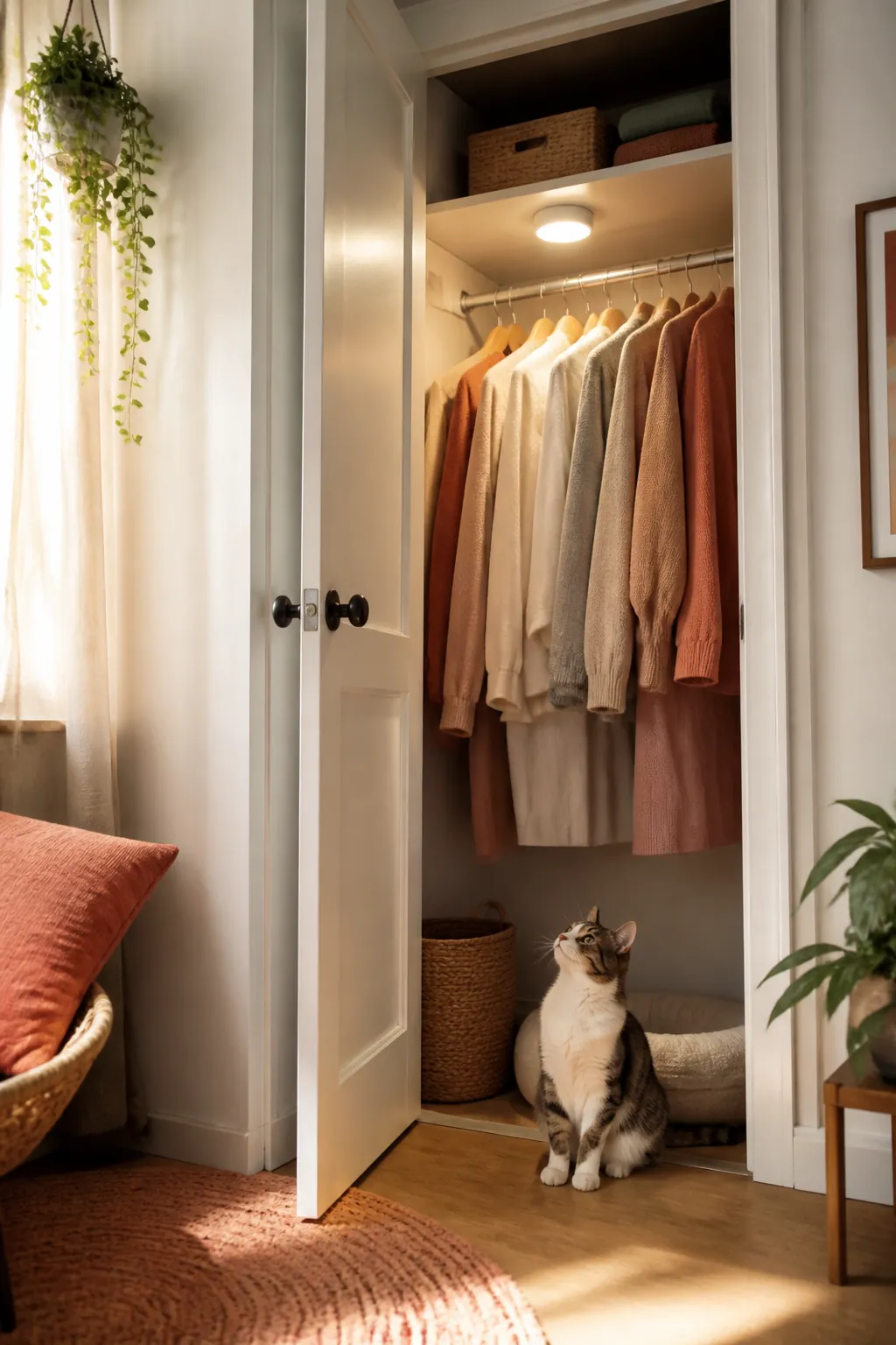Battery puck light mounted under a closet's built-in top shelf, motion sensor facing into the closet.